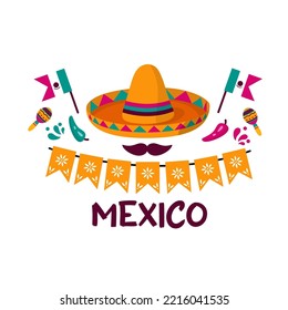 Vector illustration with mexican hat and mustache, maracas and flags