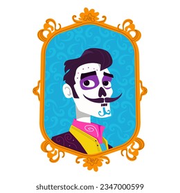 Vector illustration for the Mexican holiday Day of the Dead. Image of a dead man in a cartoon style portrait frame with purple, blue and pink hues for packaging or fabric printing.