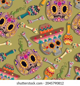 Vector illustration. Mexican holiday. Die de los muertos. The day of the Dead, festival, handmade, dark background, seamless pattern