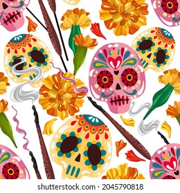 Vector illustration. Mexican holiday. Die de los muertos. The day of the Dead,  festival, light background, seamless pattern, handmade