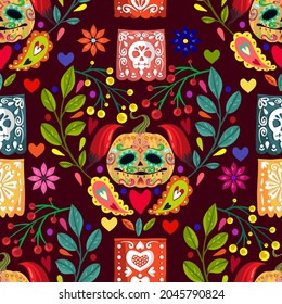 Vector illustration. Mexican holiday. Die de los muertos. The day of the Dead, festival, dark background, seamless pattern, handmade