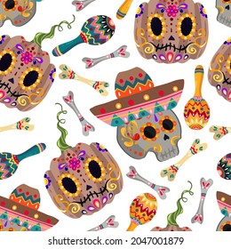 Vector illustration. Mexican holiday. Die de los muertos. The day of the Dead, festival, handmade, light background, seamless pattern