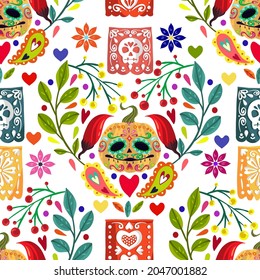 Vector illustration. Mexican holiday. Die de los muertos. The day of the Dead, festival, light  background, seamless pattern, handmade