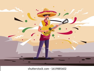 Vector illustration of a Mexican man with a guitar, on the background of a Mexican landscape, sombrero on his head