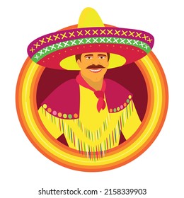 vector illustration of mexican man in mexican hat isolated on white