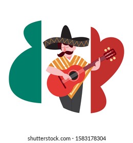 Vector illustration of Mexican man holding a guitar and wearing sombrero against Mexican flag. Citizen of Mexico. Representation of nationality and culture. Vector illustration in flat style