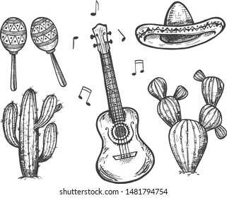 Vector illustration of Mexican objects set. Maracas, ukulele, acoustic guitar, sombrero, desert cactus. Vintage hand drawn style.