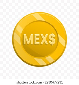 Vector illustration of Mexican Peso coin in gold color on transparent background (PNG).