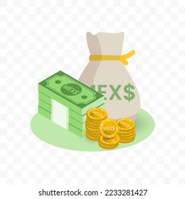Vector illustration of Mexican Peso currency. Random pattern of banknotes and coins in green and gold colors on transparent background (PNG). 