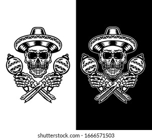 Vector illustration of mexican skull, isolated on dark and bright background