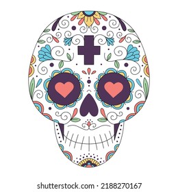 Vector illustration of Mexican skull with ornament and flowers. Sugar skull. The day of the Dead. Tattoo. Psychedelic colors. Female skull.