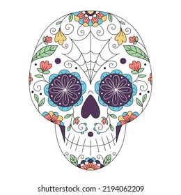 Vector illustration of Mexican skull with ornament and flowers. Sugar skull. The day of the Dead. Tattoo. Psychedelic colors. Female skull.