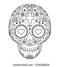 Vector illustration of Mexican skull with ornament and flowers. Sugar skull. The day of the Dead. Tattoo. Female skull. Coloring.