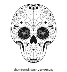Vector illustration of Mexican skull with ornament and flowers. Sugar skull. The day of the Dead. Tattoo. Female skull. Coloring.