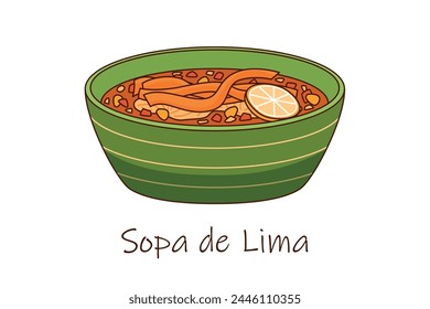 Vector illustration of Mexican soup Sopa de Lima, Tortilla soup bowl