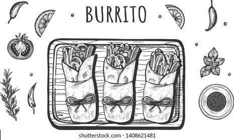 Vector illustration of mexican style dinner set. Three burito served in paper on the doard with salsa sauce, spices and vegetables on the side. Vintage hand drawn style.