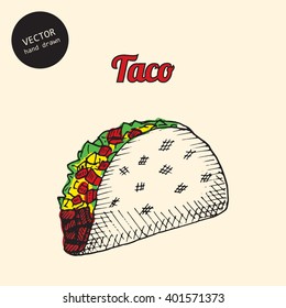 Vector illustration of Mexican  taco fast food. Sketch style design.