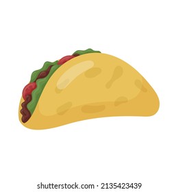 Vector illustration of mexican taco in tortilla with vegetables. Spicy food isolated on white.