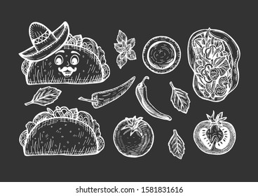 Vector illustration of Mexican tacos fast food. Front and top view tortilla, spicy, chili pepper, tomato, sauce. Cartoon taco in with moustaches wearing sombrero. Hand drawn doodle style.