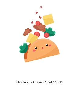 
Vector illustration with mexican tacos kawaii food. The tortilla is going to tacos. Cute cartoon illustration 
isolated on white background.