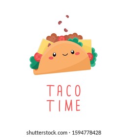 Vector illustration with mexican tacos kawaii food. Cute cartoon illustration 
isolated on white background with text: taco time.