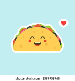 Vector illustration with mexican tacos kawaii food. The tortilla is going to tacos. Cute cartoon illustration isolated on color background.