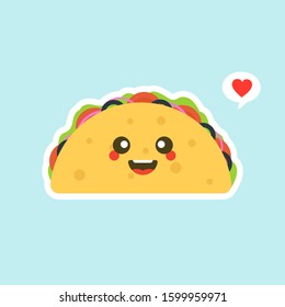 Vector illustration with mexican tacos kawaii food. The tortilla is going to tacos. Cute cartoon illustration isolated on color background.