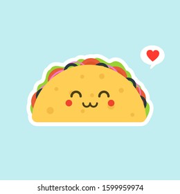 Vector illustration with mexican tacos kawaii food. The tortilla is going to tacos. Cute cartoon illustration isolated on color background.