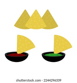 Vector illustration: Mexican tortilla chips with two different dipping sauces, "salsa verde" (green) and "salsa roja" (red)