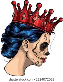 vector illustration of mexican woman skull with crown