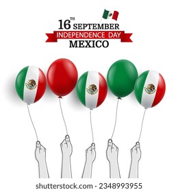 Ilustración vectorial del Día de la Independencia de México. Manos con globos.
