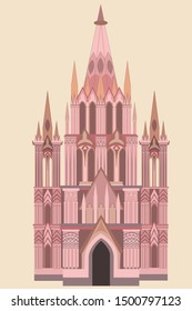 Ilustración vectorial de la iglesia de México, San Miguel de Allende, en Guanajuato. Representa el estilo arquitectónico y artístico neogótico. 