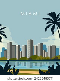 Ilustración vectorial. Miami, Estados Unidos. Diseño de póster, banner vertical, postal, portada. Turismo, viajes. Estilo moderno.