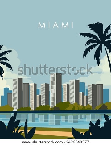 Vector illustration. Miami, USA. Poster design, vertical banner, postcard, cover. Tourism, travel. Modern style.