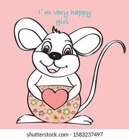 Vector illustration of mice with a heart in their hands and in panties with flowers. Suitable for postcards, for printing on children's bodysuits, T-shirts, T-shirts, dresses, for printing on cups.