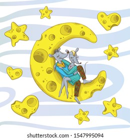 Vector illustration of mice in love on the moon. Decorative elements in the form of stars and hearts of cheese. A great option for postcards and other design.