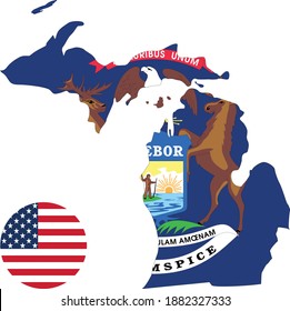 ilustración vectorial del mapa y bandera de Michigan con bandera estadounidense