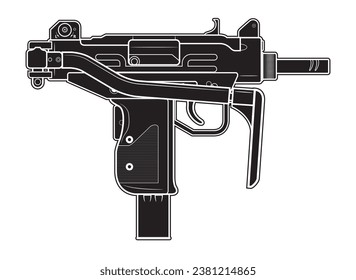 Ilustración vectorial de la ametralladora MICRO UZI israel con material doblado sobre el fondo blanco. Negro. Del lado derecho.