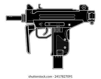 Ilustración vectorial de la ametralladora MICRO UZI israel con material doblado sobre el fondo blanco. Negro. Lado izquierdo.