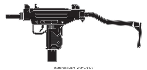 Ilustración vectorial de la ametralladora MICRO UZI israel con material desplegado sobre el fondo blanco. Negro. Lado izquierdo.