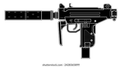 Ilustración vectorial de la ametralladora MICRO UZI israel con material plegado y silenciador sobre el fondo blanco. Negro. Lado izquierdo.
