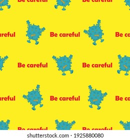Vector illustration. Microbe with text isolated on yellow background. Seamless patterns.