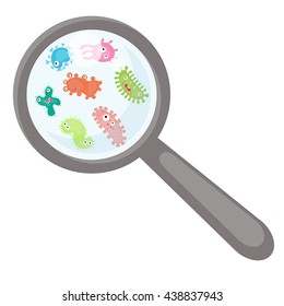 Vector illustration of microbes peek out from a magnifying lens