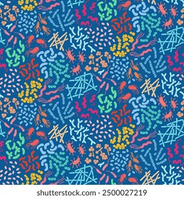 Vector illustration of microbiome bacteria, featuring beneficial and pathogenic intestinal flora. The seamless pattern graphic provides a vivid representation of gut health