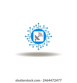 Ilustración vectorial de microchip y antena parabólica con señal de radio inalámbrica. Icono de la Tecnología de Información y Comunicación TIC. Símbolo de la tecnología de telecomunicaciones 5G.
