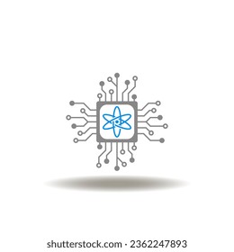 Vector illustration of microchip and atom sign. Icon of science and tech. Symbol of quantum computing technology.