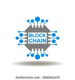 Vector illustration of microchip with blockchain. Symbol of block chain computing web technology.