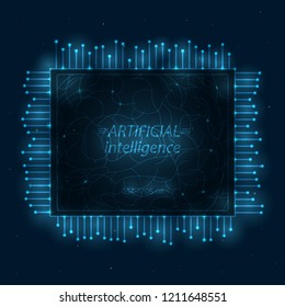 Vector illustration of a microchip with braine. Design for artificial intelligence technology. Glow abstract design. Wireframe geometry on dark blue background with bright dots.
