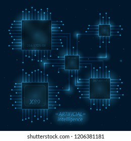 Vector illustration of a microchips. Design for artificial intelligence technology. Glow abstract design. Wireframe geometry on dark blue background with bright dots.