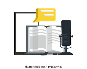 Vector illustration microphone, book, mobile phone with message in form of conversation bubble. Concept audiobook, training, and sound recording.